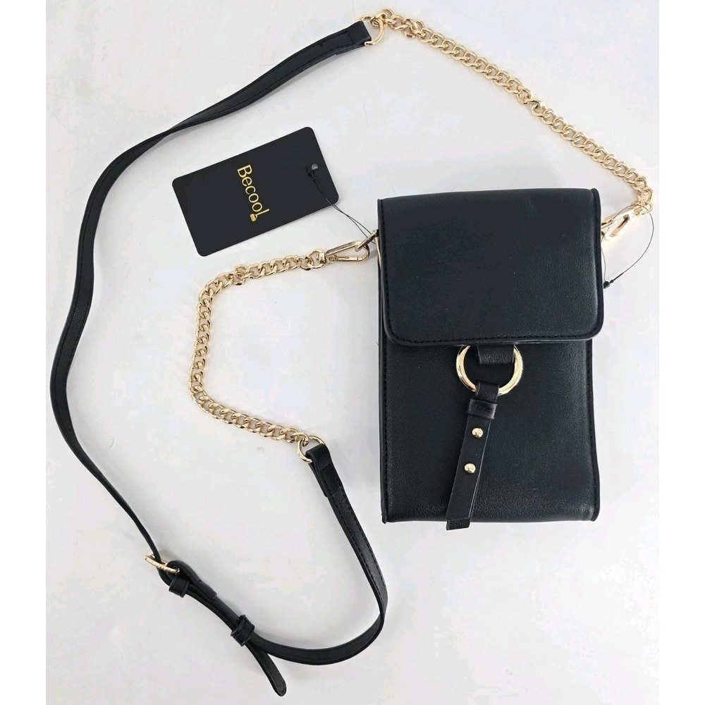 Becool Vegan Leather Ring Ring Phone Case Crossbody Clutch Black Brass NWT